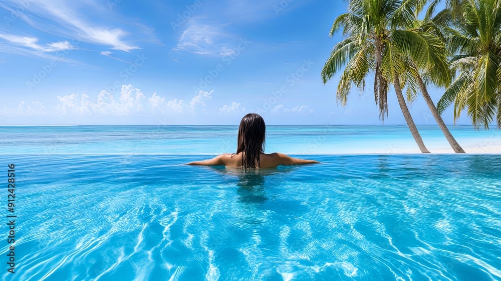 A carefree woman swimming in a crystal-clear pool, surrounded by palm trees, copy space in the blue sky A carefree woman swimming in a crystal-clear pool, surrounded by palm trees, copy space in the blue sky
