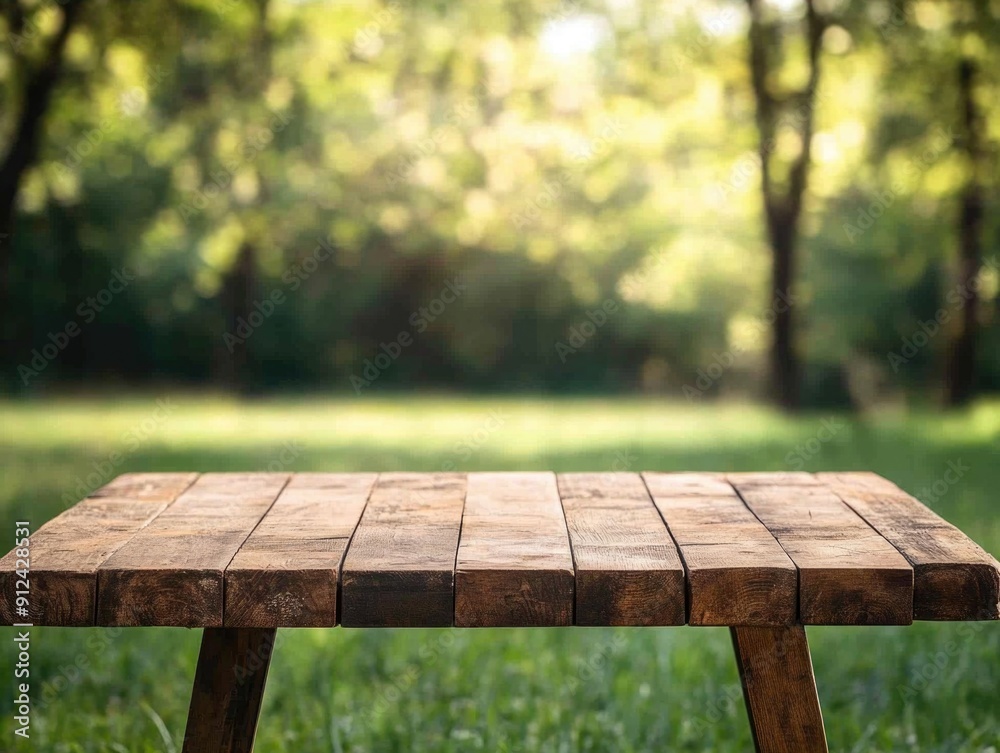 A wooden table situated in the middle of an open field, surrounded by nature A wooden table situated in the middle of an open field, surrounded by nature