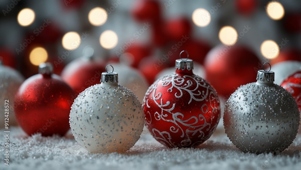 red and white christmas decorations on snow with white lights and bokeh red and white christmas decorations on snow with white lights and bokeh