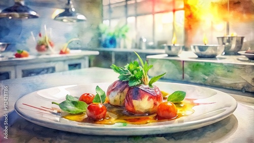 Elegant culinary presentation: vibrant ingredients artistically arranged on a white plate, garnished with fresh herbs, against a blurred kitchen background with stainless steel appliances.