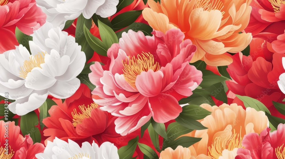 A vibrant handdrawn pattern featuring delicate garden peonies, perfect for wallpapers and prints with a watercolor touch. A vibrant handdrawn pattern featuring delicate garden peonies, perfect for wallpapers and prints with a watercolor touch.