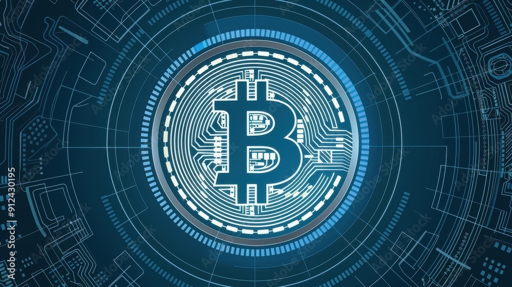 A creative digital piece featuring the Bitcoin logo, accentuated by circular patterns over a deep blue backdrop. A creative digital piece featuring the Bitcoin logo, accentuated by circular patterns over a deep blue backdrop.