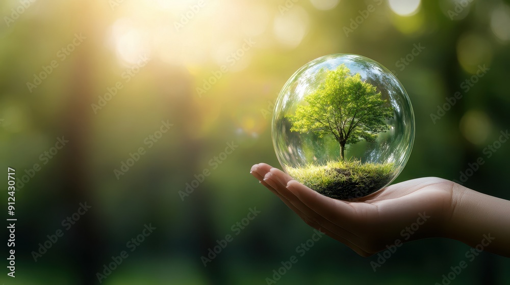 Hand Holding a Glass Sphere with a Tree Inside, Symbolizing Environmental Conservation and Sustainability Hand Holding a Glass Sphere with a Tree Inside, Symbolizing Environmental Conservation and Sustainability