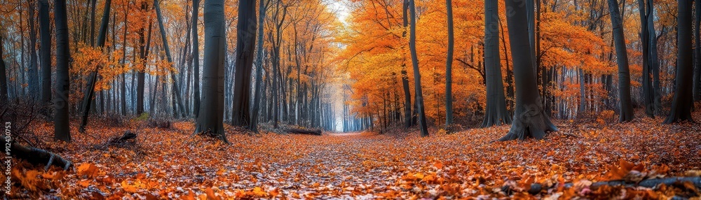 Fototapeta premium Panoramic view of a serene forest path in autumn, with vibrant orange leaves and tall trees, creating a beautiful and tranquil outdoor scene.