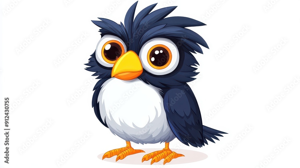 A whimsical, flatstyled portrait of a Crested Myna, showcasing vibrant textures against a clean white backdrop.