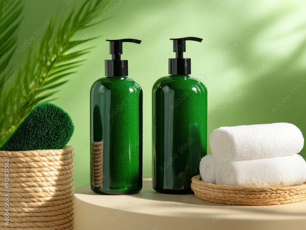 Elegant Green Bottles with Pump Dispensers and Spa Accessories on a Minimalist Background Elegant Green Bottles with Pump Dispensers and Spa Accessories on a Minimalist Background
