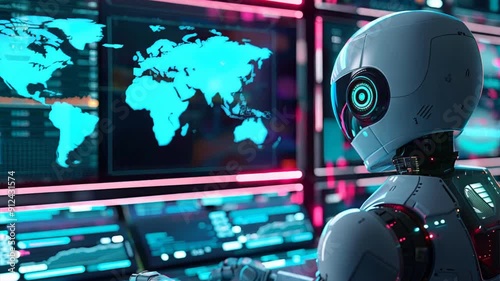 AI bots in financial services, futuristic financial environment where AI bots are assisting customers. One bot providing investment advice on a digital screen, vidio 4k