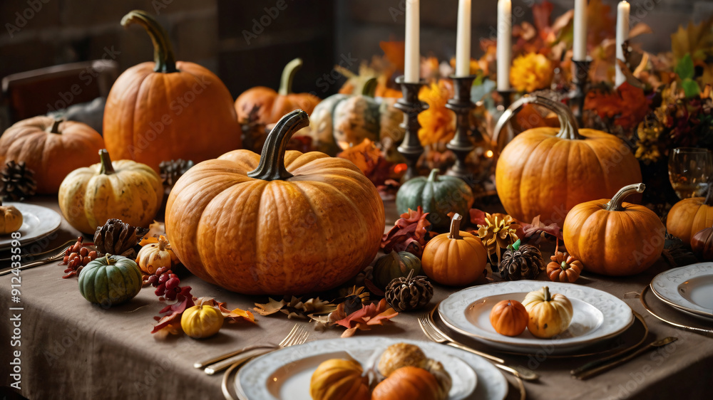 Beautiful autumn season mood banner concept with pumpkins on cebration dinner. Natural banner concept for Halloween celebrate Beautiful autumn season mood banner concept with pumpkins on cebration dinner. Natural banner concept for Halloween celebrate