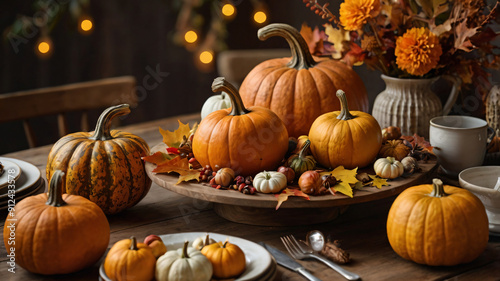 Beautiful autumn season mood banner concept with pumpkins on cebration dinner. Natural banner concept for Halloween celebrate photo