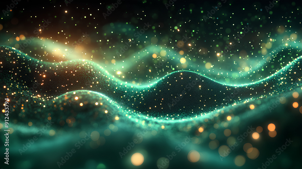 Luminous green wavy line light line, green wave lights , Green stars dust trail sparkling particles isolated