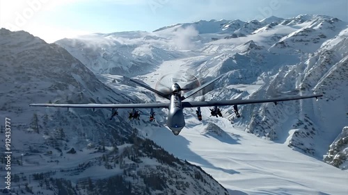photograph of Military drone in the snow: Armed drone flies over a snowy landscape with a view of snowy mountains. vidio 4k