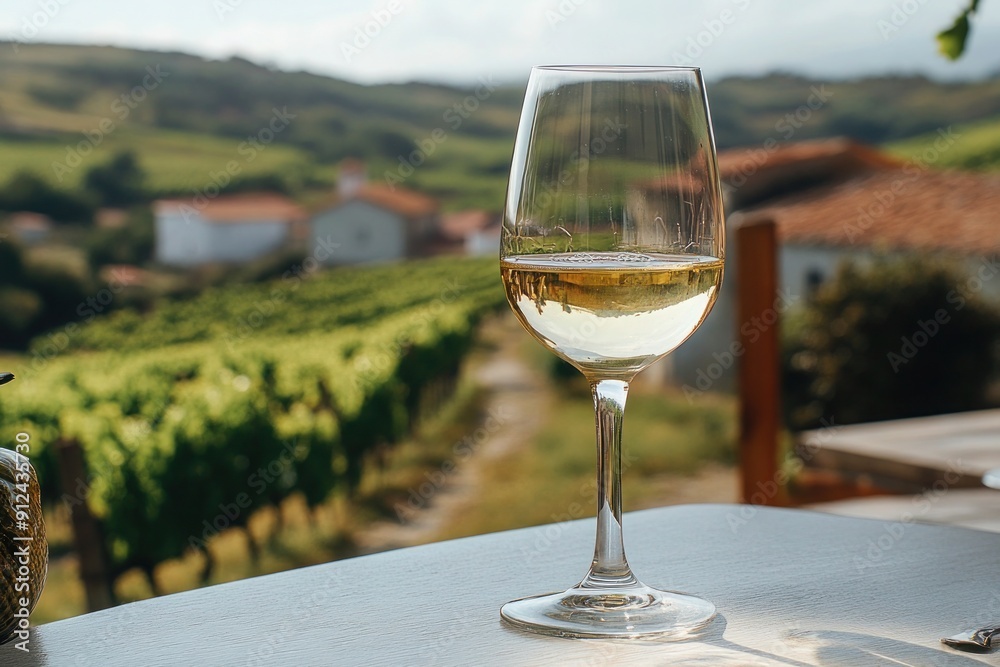 Glass of white wine on a wooden terrace table with a stunning view of a vineyard and countryside in the background. Glass of white wine on a wooden terrace table with a stunning view of a vineyard and countryside in the background.