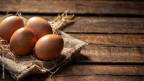 Brown eggs on old wood table. copyspace for your text