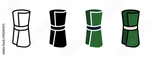 Rolled dollar bill icon set. Rolled yoga mat vector illustration. Green banknote stack symbol. Cash roll sign. Savings pictogram.