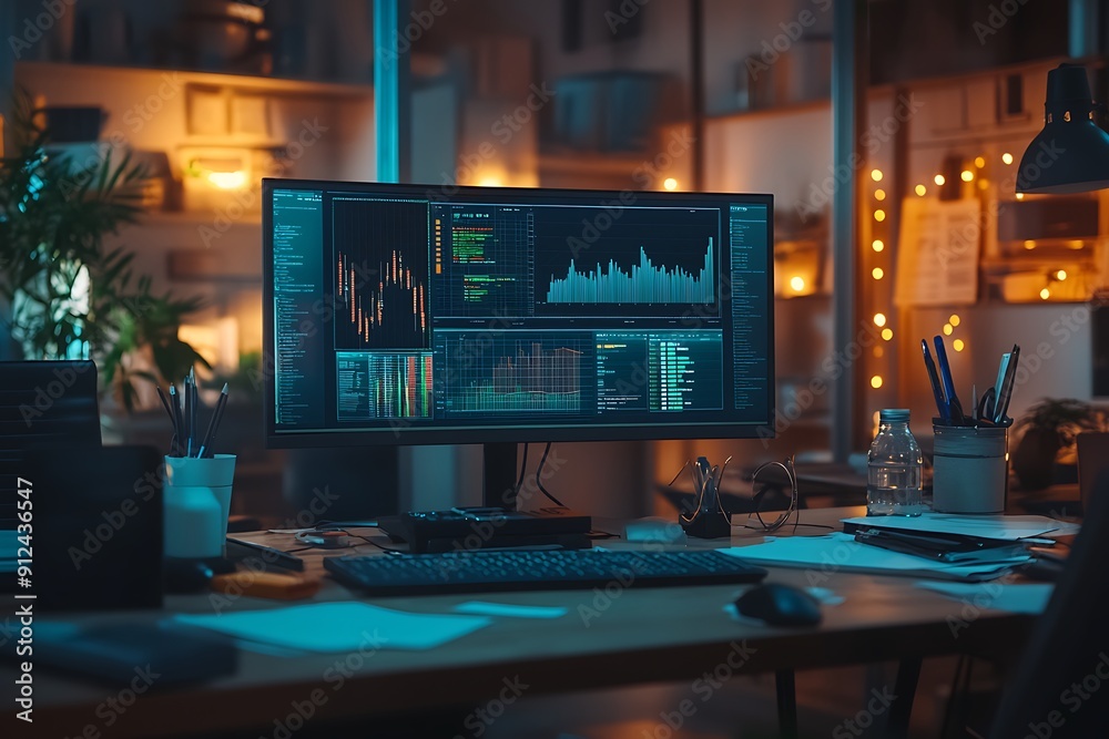 Modern Workplace: A Nighttime View of a Desktop with Financial Charts Modern Workplace: A Nighttime View of a Desktop with Financial Charts