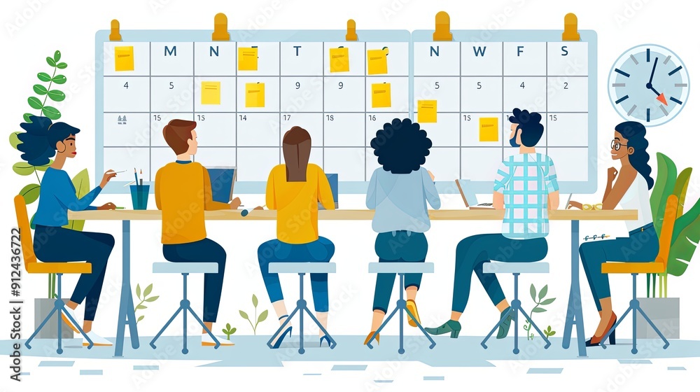 Fototapeta premium People planning concept. Entrepreneurship and calendar schedule planning with filling course campaign. Vector illustrations business meeting and events organizing process office