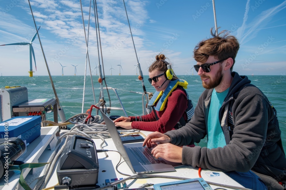 Scientists and engineers working on the deck of a boat, using laptops and specialized instruments to monitor the performance of offshore wind turbines. Scientists and engineers working on the deck of a boat, using laptops and specialized instruments to monitor the performance of offshore wind turbines.