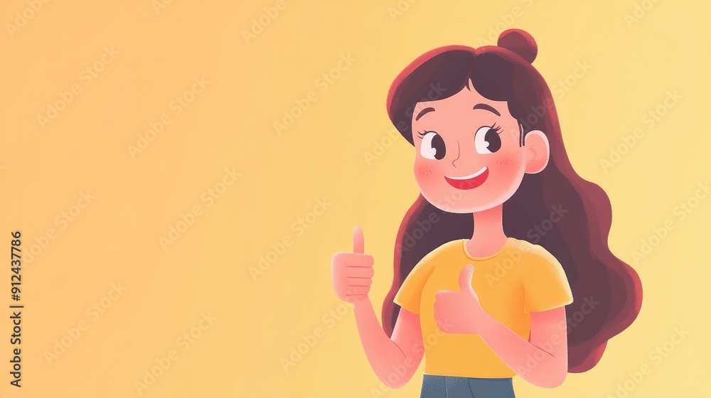 Cheerful cartoon character girl teen giving a thumbs up, feeling confident and proud Cheerful cartoon character girl teen giving a thumbs up, feeling confident and proud