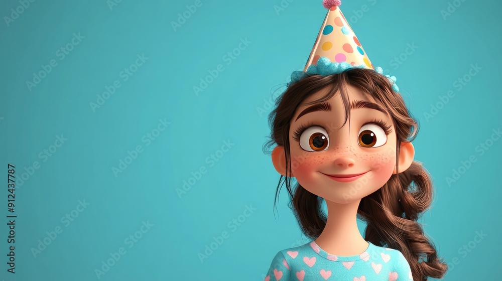 Cheerful cartoon character girl teen wearing a party hat, feeling festive and fun Cheerful cartoon character girl teen wearing a party hat, feeling festive and fun