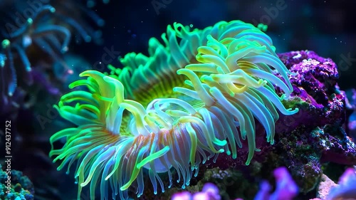 Colorful sea anemone in vibrant green and yellow underwater scene