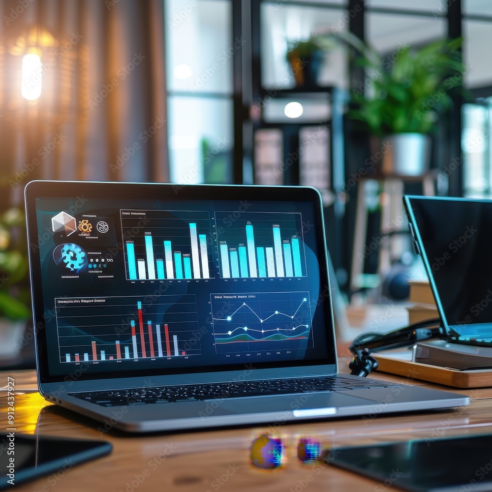 Close-up of a laptop screen on a businessman’s desk displaying productivity statistics, with efficiency icons floating, organized workspace, blurred background. Close-up of a laptop screen on a businessman’s desk displaying productivity statistics, with efficiency icons floating, organized workspace, blurred background.