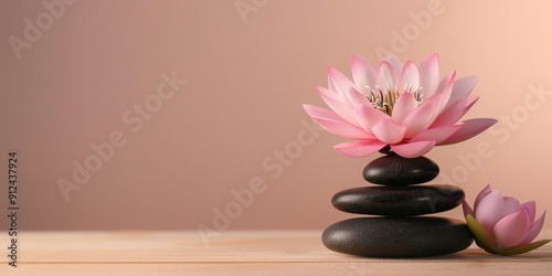 Pink Lotus Flower & Black Rocks - Zen Spa Concept