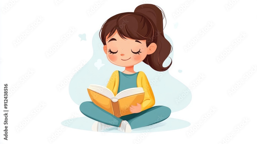 Content cartoon character girl kid reading a book, feeling peaceful and absorbed Content cartoon character girl kid reading a book, feeling peaceful and absorbed