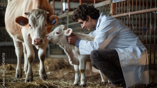 Veterinarian and baby calf. photo