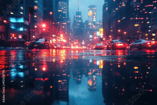 urban reflection series puddle mirroring city lights and skyscrapers inverted skyline creating symmetric composition rainy street atmosphere neon glow creative cityscape photography photo