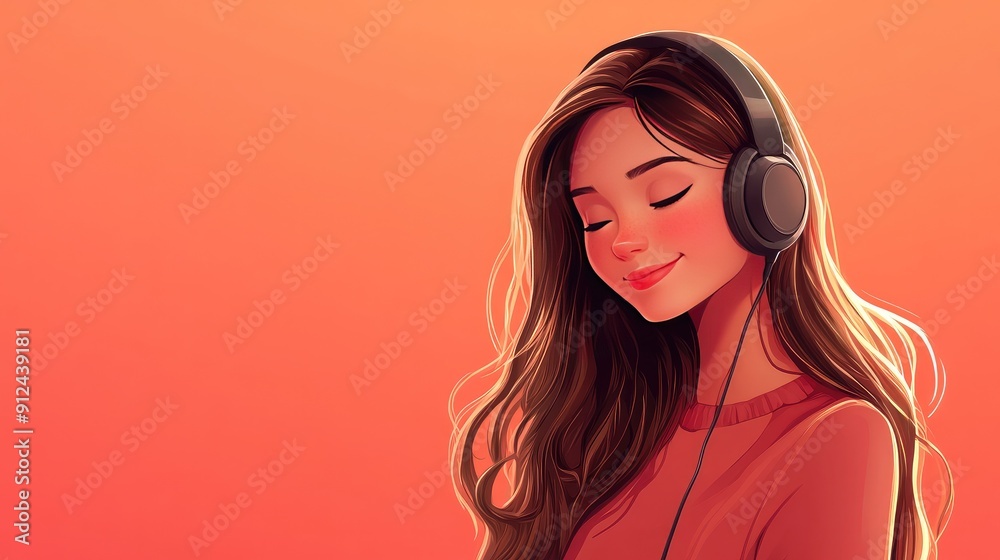 Happy cartoon character girl teen with headphones, enjoying music Happy cartoon character girl teen with headphones, enjoying music