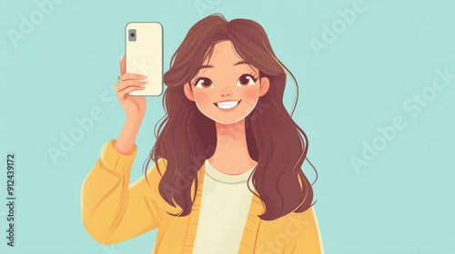 Happy cartoon character girl teen taking a selfie, feeling trendy and cheerful