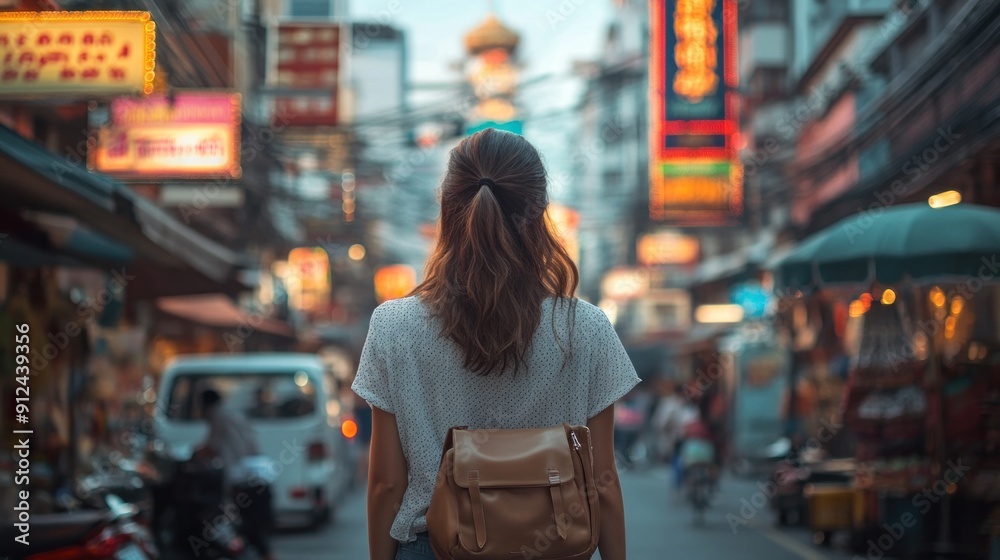 Obraz premium Woman Exploring a Vibrant City Street