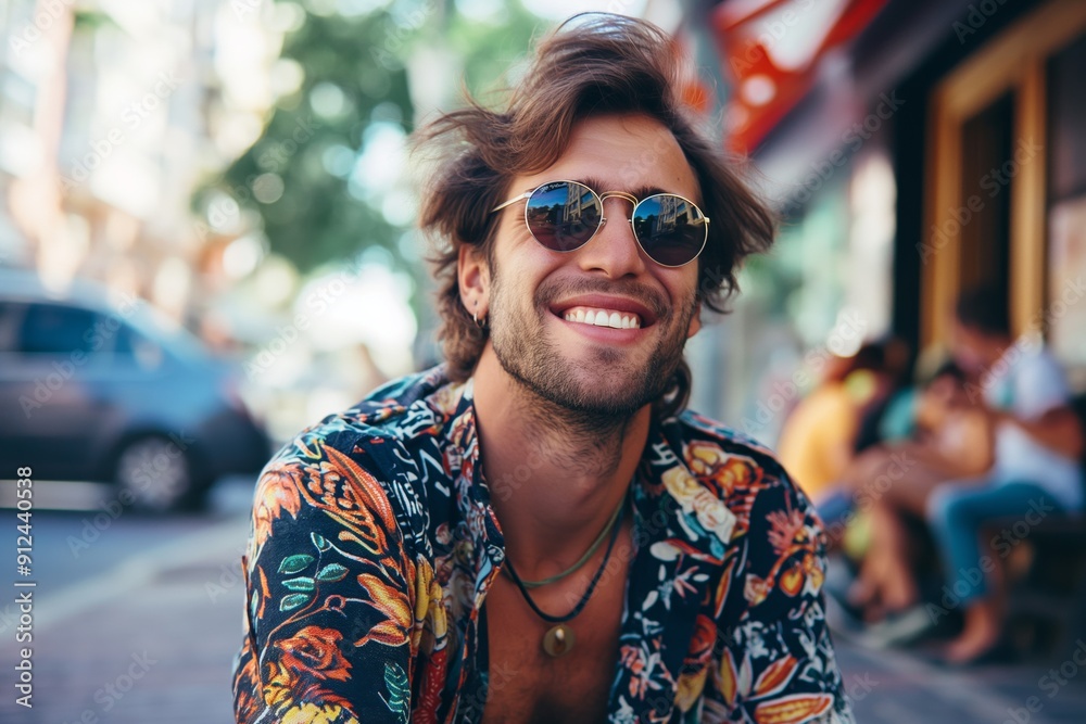 A man wearing a colorful shirt and sunglasses is smiling. He is sitting on a bench with a group of people around him A man wearing a colorful shirt and sunglasses is smiling. He is sitting on a bench with a group of people around him