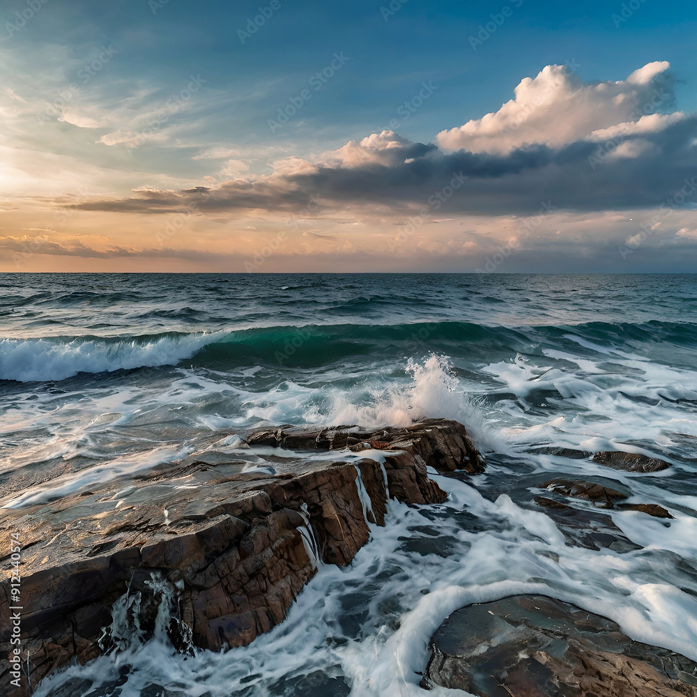 Obraz premium Scenic view of sea against sky background. Ai generative