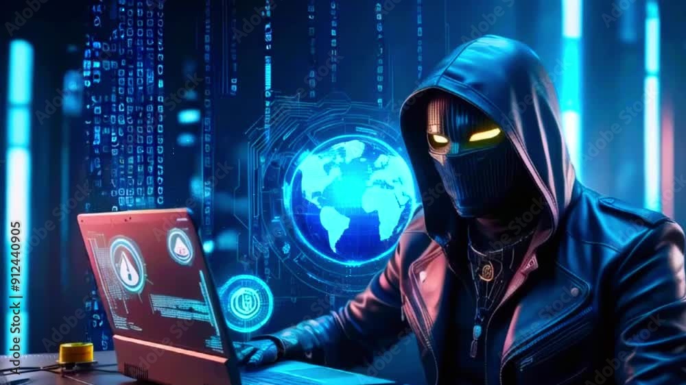 A hooded figure with glowing eyes sits at a computer, representing digital security and privacy.