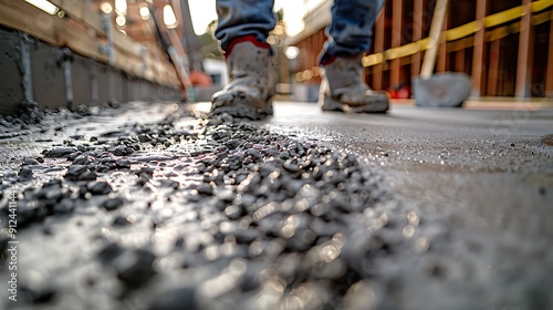 A detailed close-up of construction workers' hands smoothing out concrete with tools, with the freshly poured concrete visible. The background shows the construction site,