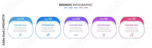 Business infographic template with 5 options, steps, process chart. Can be used for workflow layout, diagram, annual report, web design