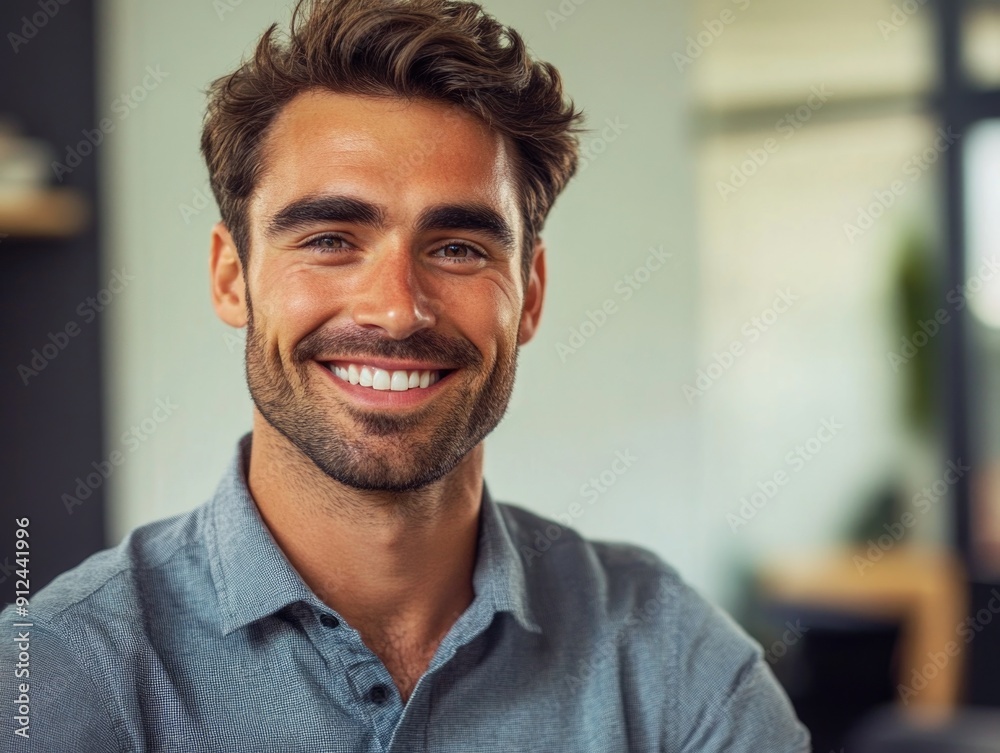 Obraz premium A person with a friendly expression looks directly at the viewer, wearing a blue shirt