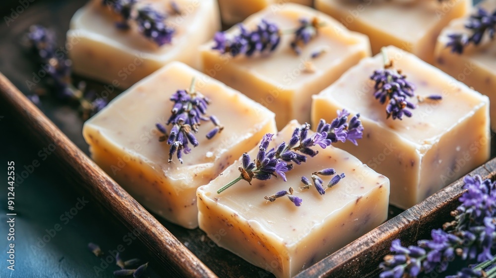 Handmade Lavender Soaps on Wooden Tray Handmade Lavender Soaps on Wooden Tray