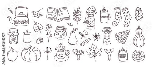 Set of hand drawn autumn doodles. Scarf, candles, hot cocoa, socks, pie, apple, jam, leaves, berries, acorns and mushrooms. Cozy fall collection. Cute season stickers. Vector illustration.