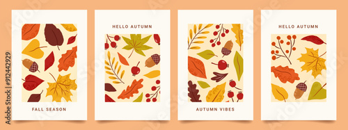 Minimalistic autumn posters with hand drawn colorful leaves, berry and acorn. Trendy fall background, card, cover. Vector template for invitation, advertising, packaging, social media, brochure.