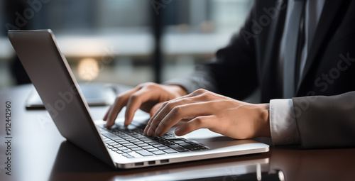 close-up of male hands of businessman pressing on laptop keyboard freelancer technology finance and business