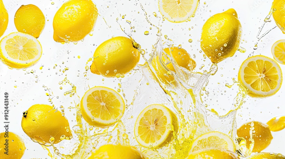 lemonade splatter with lemons floating on a white background lemonade splatter with lemons floating on a white background