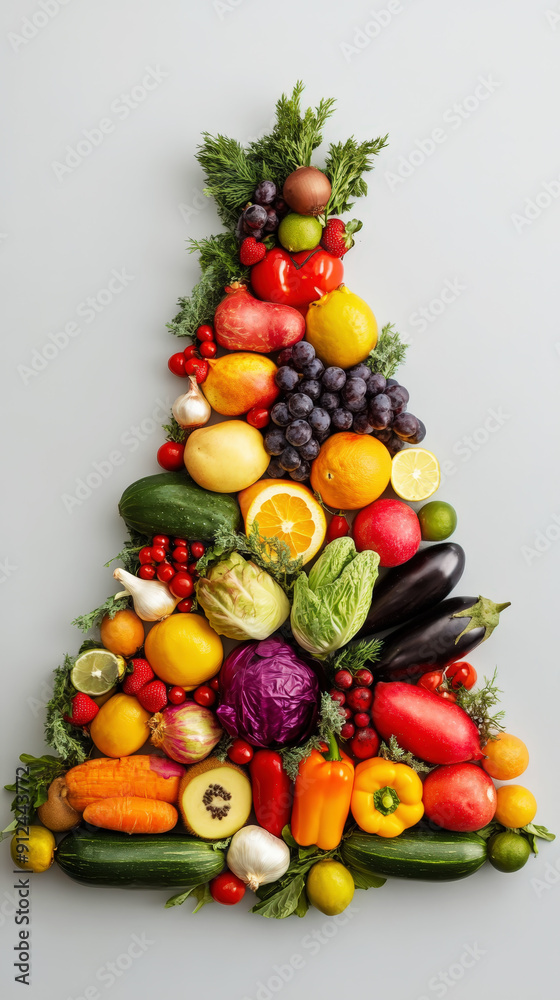 Variety of vegetables and fruits in triangle shape like a Christmas tree, light background, copy space. Generative AI Variety of vegetables and fruits in triangle shape like a Christmas tree, light background, copy space. Generative AI