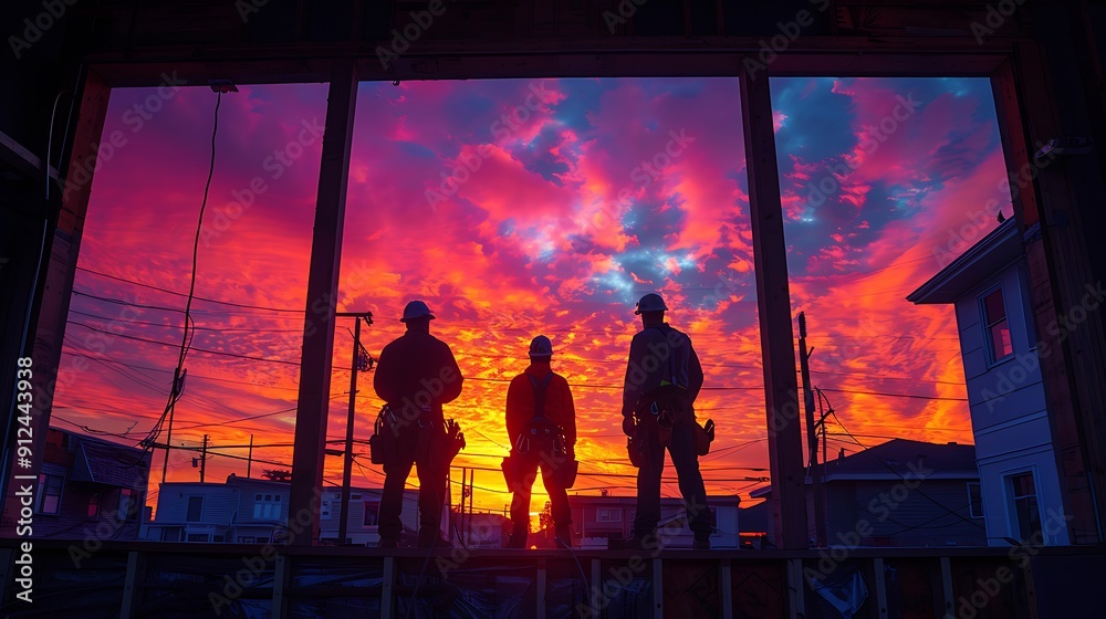 Fototapeta premium A dramatic shot of plumbers connecting water lines at sunset, with the sky outside the windows painted in vibrant hues of orange and pink. The plumbers are silhouetted against the colorful sky,