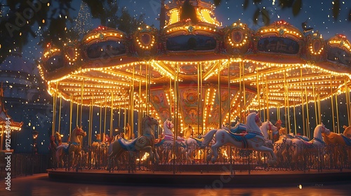 A sparkling Disneyland carousel with intricately decorated horses, glowing with magical light --ar 16:9