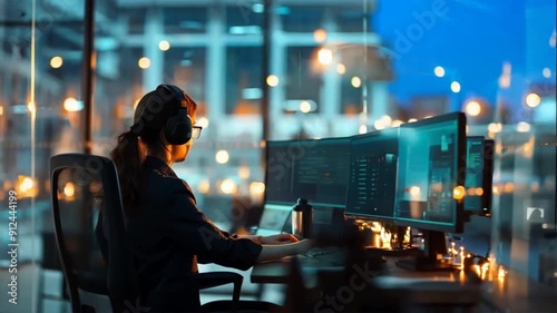 A skilled worker utilizing advanced communication technology in a bustling business environment, fostering seamless collaboration and efficient workflow integration.