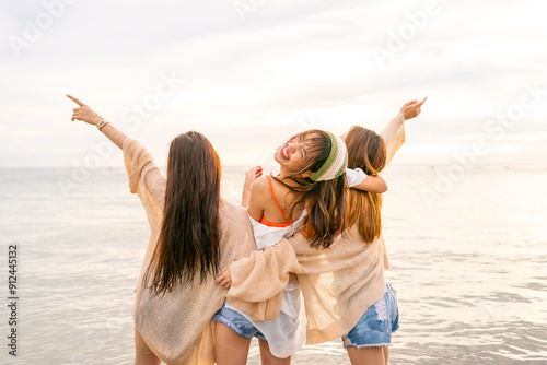 Photography Group of Young Asian woman enjoy and fun outdoor lifestyle travel nature ocean on summer beach holiday vacation