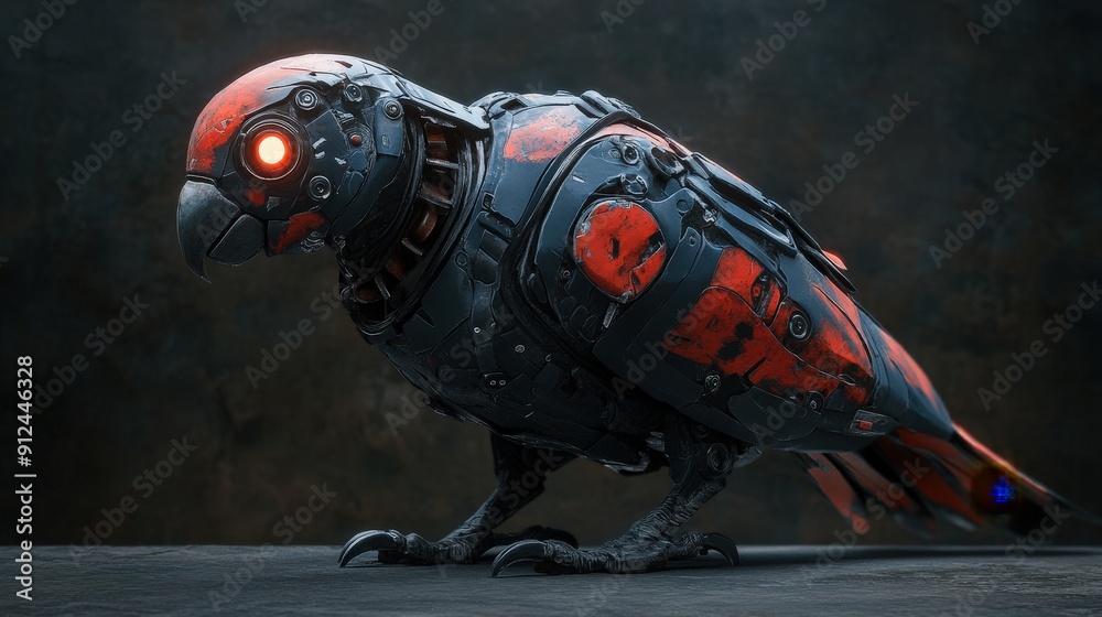 Fototapeta premium 3D Render of a Cybernetic Parrot with Red and Black Armor and Glowing Eye in a Futuristic Sci-Fi Setting