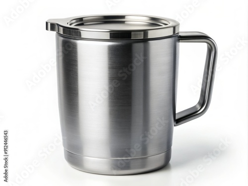 Sleek modern shiny stainless steel insulated tumbler with lid and handle isolated on a pure white background with clipping path. photo